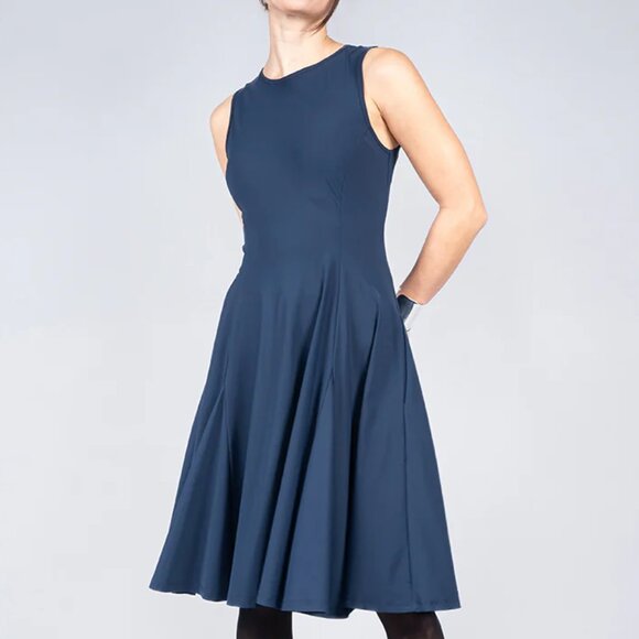 Porto San Francisco Midi Dress Sleeveless Navy Blue Stretch Pleated sz XL Preppy - Picture 13 of 13